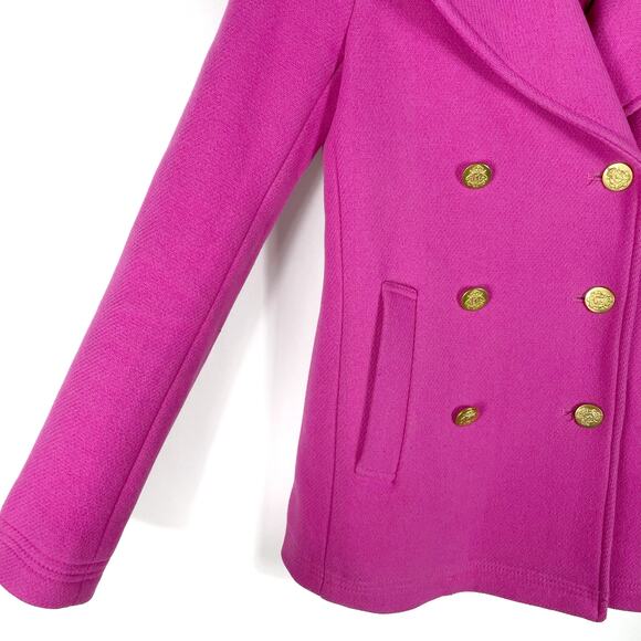 J Crew Majesty Coat Peacoat Fuchsia Pink Wool Stadium Cloth Double Breasted Sz 0 - Picture 6 of 10